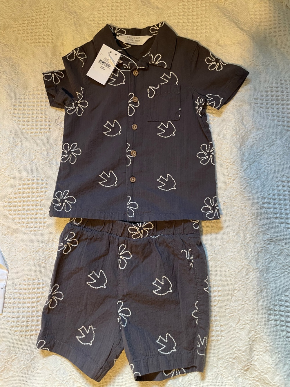 Primark Toddler Two-Piece Shirt & Short Set - Black with White Embroidered Birds